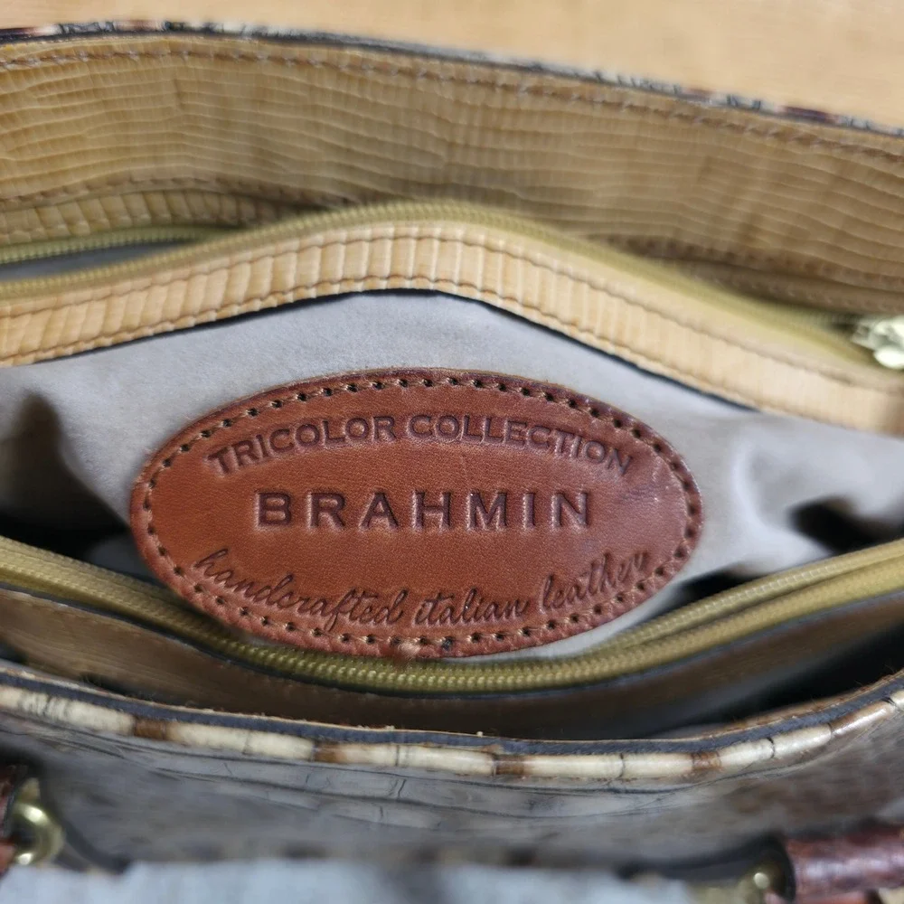 Brahmin Tricolor Collection Brown Croc Embossed Leather Satchel Handbag